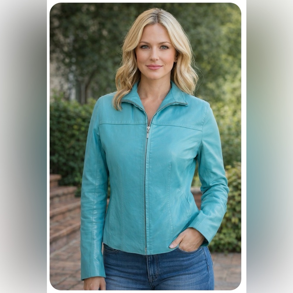 Gallery  vintage Teal Zip-Front Leather Jacket size medium with purple lining